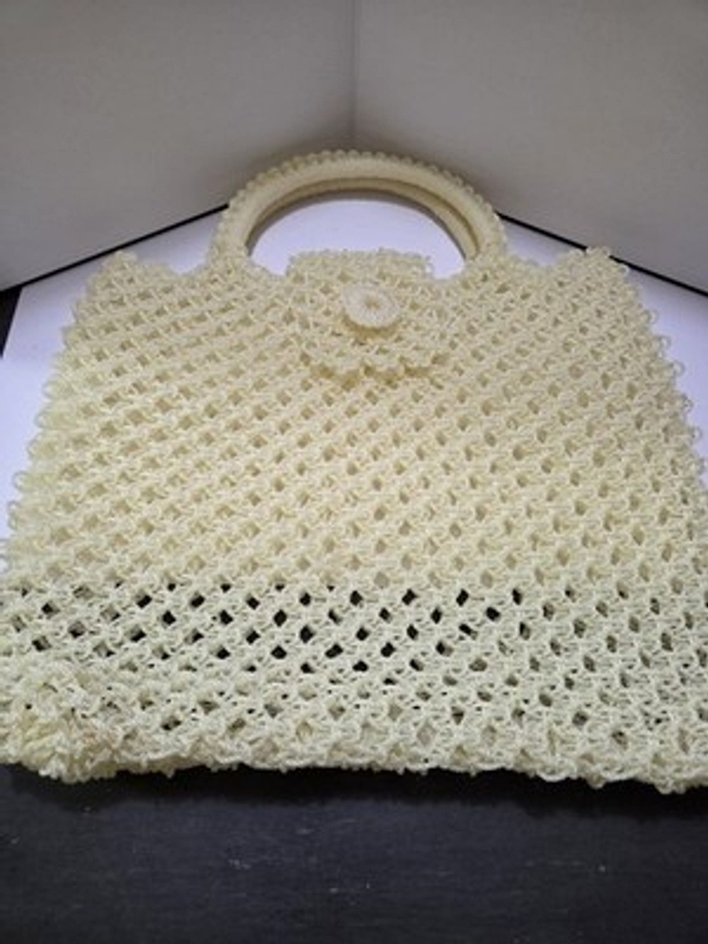 Vintage Woven Plastic Purse Cream Ivory Top Handle Retro 1950s 1960s Handbag